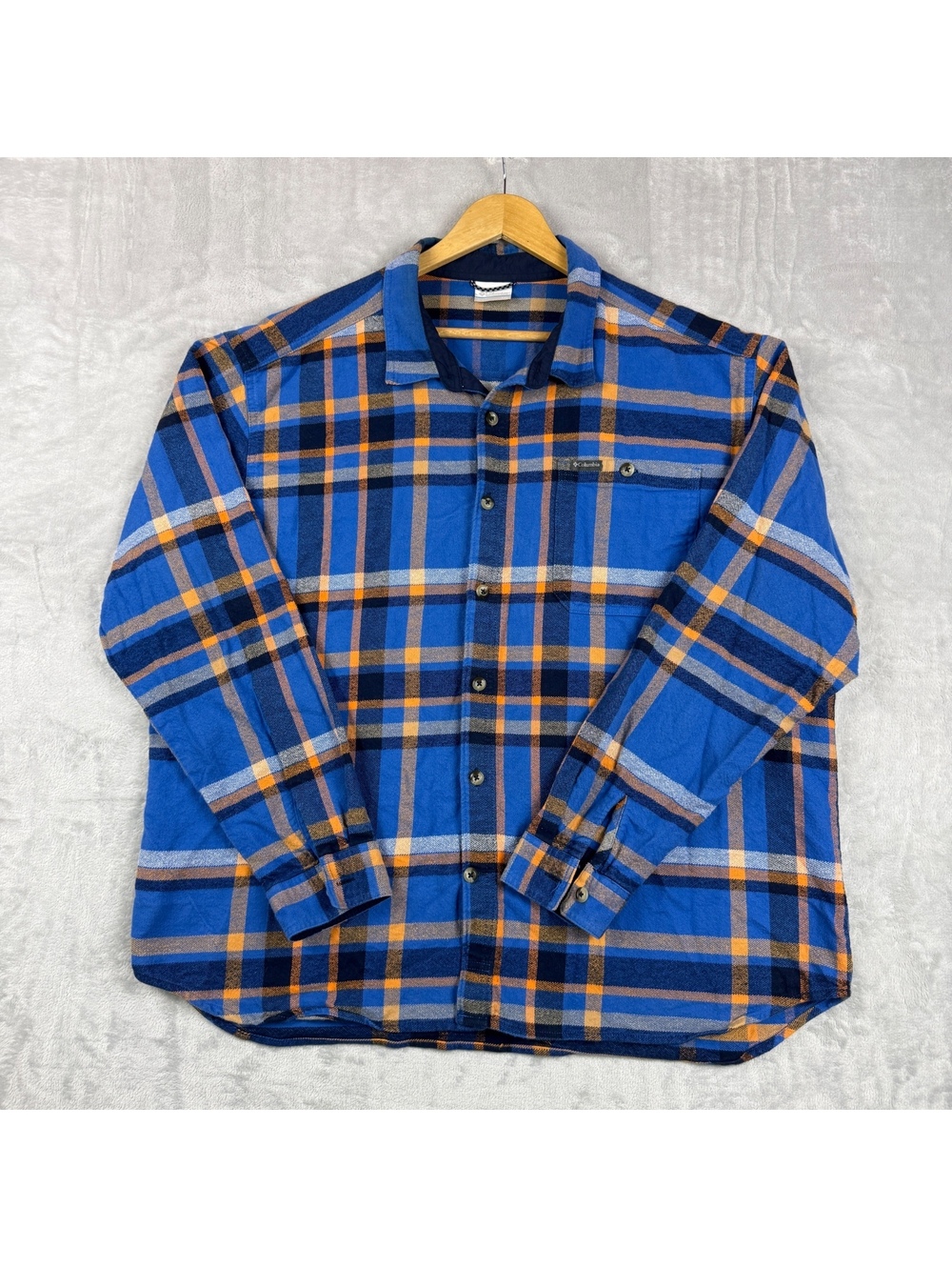 Columbia Men’s XXL Blue Orange Plaid Flannel Shirt Outdoor Hiking Heavyweight